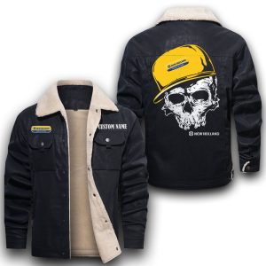 Custom Name Skull Design New Holland Agriculture Leather Jacket With Velvet Inside, Winter Outer Wear For Men And Women