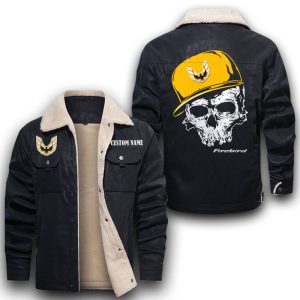 Custom Name Skull Design Pontiac Firebird Leather Jacket With Velvet Inside, Winter Outer Wear For Men And Women