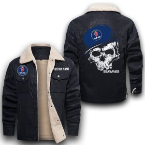 Custom Name Skull Design SAAB Leather Jacket With Velvet Inside, Winter Outer Wear For Men And Women