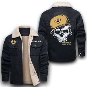 Custom Name Skull Design Scania V8 Leather Jacket With Velvet Inside, Winter Outer Wear For Men And Women