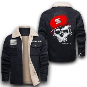 Custom Name Skull Design SEAT Leather Jacket With Velvet Inside, Winter Outer Wear For Men And Women