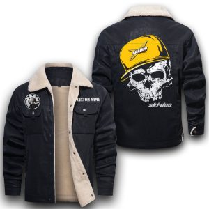Custom Name Skull Design Ski Doo Leather Jacket With Velvet Inside, Winter Outer Wear For Men And Women