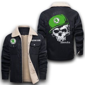 Custom Name Skull Design Skoda Leather Jacket With Velvet Inside, Winter Outer Wear For Men And Women