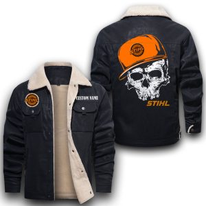 Custom Name Skull Design Stihl Leather Jacket With Velvet Inside, Winter Outer Wear For Men And Women