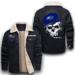 Custom Name Skull Design Subaru Leather Jacket With Velvet Inside, Winter Outer Wear For Men And Women
