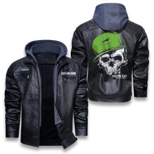 Custom Name Skull Design Arctic cat Removable Hood Leather Jacket, Winter Outer Wear For Men And Women