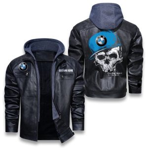 Custom Name Skull Design BMW Removable Hood Leather Jacket, Winter Outer Wear For Men And Women