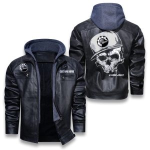 Custom Name Skull Design Can Am motorcycles Removable Hood Leather Jacket, Winter Outer Wear For Men And Women