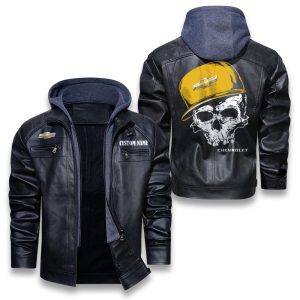 Custom Name Skull Design Chevrolet Removable Hood Leather Jacket, Winter Outer Wear For Men And Women