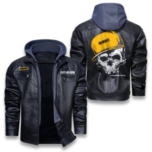 Custom Name Skull Design DeWalt Removable Hood Leather Jacket, Winter Outer Wear For Men And Women