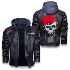 Custom Name Skull Design FOCUS Bikes Removable Hood Leather Jacket, Winter Outer Wear For Men And Women