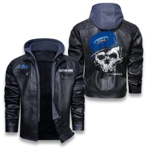 Custom Name Skull Design Ford Removable Hood Leather Jacket, Winter Outer Wear For Men And Women