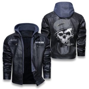 Custom Name Skull Design Freightliner Group Removable Hood Leather Jacket, Winter Outer Wear For Men And Women