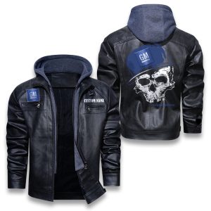 Custom Name Skull Design General Motors Removable Hood Leather Jacket, Winter Outer Wear For Men And Women