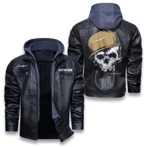 Custom Name Skull Design Goldwing Removable Hood Leather Jacket, Winter Outer Wear For Men And Women