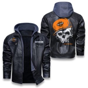 Custom Name Skull Design Harley Davidson Removable Hood Leather Jacket, Winter Outer Wear For Men And Women