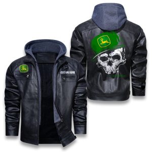 Custom Name Skull Design John Deere Removable Hood Leather Jacket, Winter Outer Wear For Men And Women