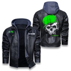 Custom Name Skull Design Kawasaki Removable Hood Leather Jacket, Winter Outer Wear For Men And Women