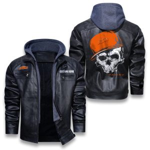 Custom Name Skull Design KTM Removable Hood Leather Jacket, Winter Outer Wear For Men And Women