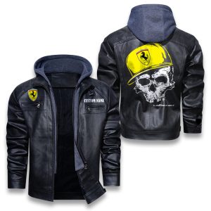 Custom Name Skull Design LaFerrari Removable Hood Leather Jacket, Winter Outer Wear For Men And Women