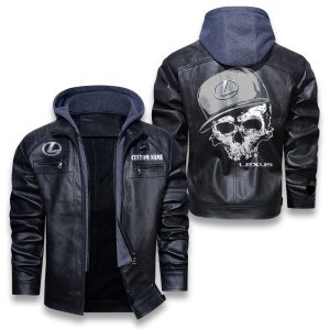 Custom Name Skull Design Lexus Removable Hood Leather Jacket, Winter Outer Wear For Men And Women
