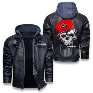 Custom Name Skull Design Mack Trucks Removable Hood Leather Jacket, Winter Outer Wear For Men And Women
