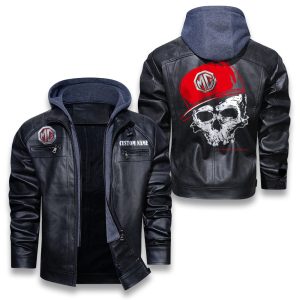 Custom Name Skull Design MG Cars Removable Hood Leather Jacket, Winter Outer Wear For Men And Women