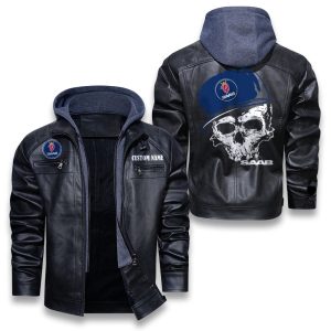 Custom Name Skull Design SAAB Removable Hood Leather Jacket, Winter Outer Wear For Men And Women