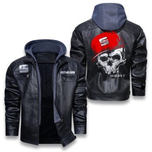 Custom Name Skull Design SEAT Removable Hood Leather Jacket, Winter Outer Wear For Men And Women