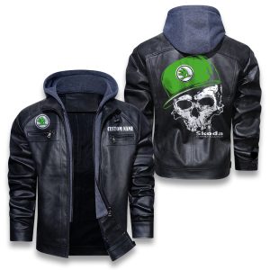 Custom Name Skull Design Skoda Removable Hood Leather Jacket, Winter Outer Wear For Men And Women