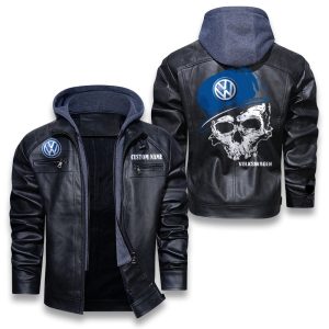 Custom Name Skull Design Volkswagen Group Removable Hood Leather Jacket, Winter Outer Wear For Men And Women