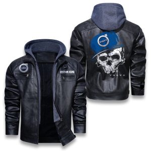Custom Name Skull Design Volvo Cars Removable Hood Leather Jacket, Winter Outer Wear For Men And Women