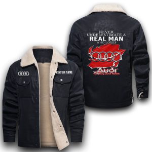Never Underestimate A Real Man Who Loves Audi-logo Leather Jacket With Velvet Inside, Winter Outer Wear For Men And Women