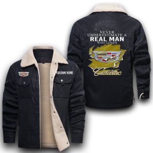 Never Underestimate A Real Man Who Loves Cadillac Leather Jacket With Velvet Inside, Winter Outer Wear For Men And Women