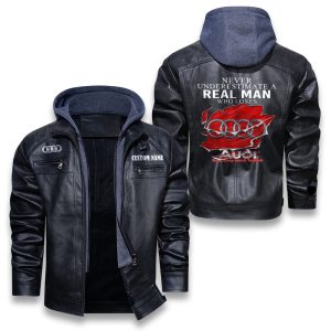 Never Underestimate A Real Man Who Loves Audi-logo Removable Hood Leather Jacket, Winter Outer Wear For Men And Women