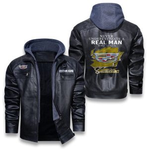 Never Underestimate A Real Man Who Loves Cadillac Removable Hood Leather Jacket, Winter Outer Wear For Men And Women