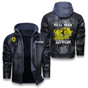 Never Underestimate A Real Man Who Loves Ferrari Removable Hood Leather Jacket, Winter Outer Wear For Men And Women