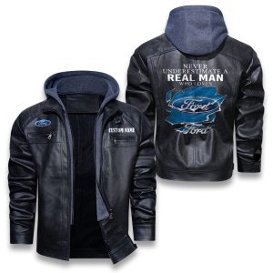Never Underestimate A Real Man Who Loves Ford Motor Company Removable Hood Leather Jacket, Winter Outer Wear For Men And Women
