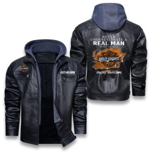 Never Underestimate A Real Man Who Loves Harley Davidson Removable Hood Leather Jacket, Winter Outer Wear For Men And Women