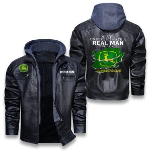 Never Underestimate A Real Man Who Loves John Deere Removable Hood Leather Jacket, Winter Outer Wear For Men And Women