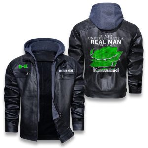 Never Underestimate A Real Man Who Loves Kawasaki Removable Hood Leather Jacket, Winter Outer Wear For Men And Women