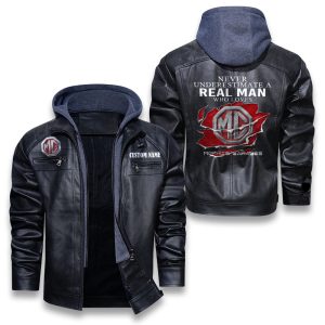 Never Underestimate A Real Man Who Loves MG Cars Removable Hood Leather Jacket, Winter Outer Wear For Men And Women