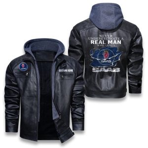 Never Underestimate A Real Man Who Loves SAAB Removable Hood Leather Jacket, Winter Outer Wear For Men And Women