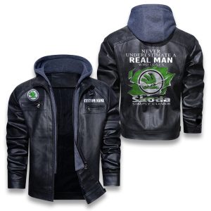 Never Underestimate A Real Man Who Loves Skoda Removable Hood Leather Jacket, Winter Outer Wear For Men And Women