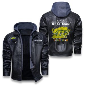 Never Underestimate A Real Man Who Loves Valentino Rossi 46 Removable Hood Leather Jacket, Winter Outer Wear For Men And Women