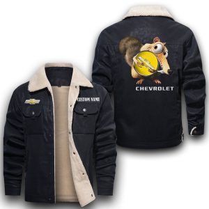 Scrat Squirrel In Ice Age Chevrolet Leather Jacket With Velvet Inside, Winter Outer Wear For Men And Women