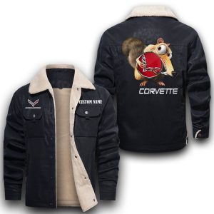Scrat Squirrel In Ice Age Chevrolet Corvette Leather Jacket With Velvet Inside, Winter Outer Wear For Men And Women