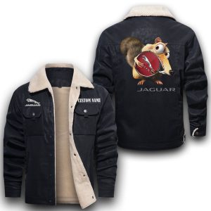 Scrat Squirrel In Ice Age Jaguar Cars Leather Jacket With Velvet Inside, Winter Outer Wear For Men And Women