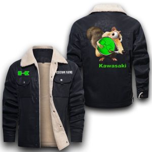 Scrat Squirrel In Ice Age Kawasaki Leather Jacket With Velvet Inside, Winter Outer Wear For Men And Women