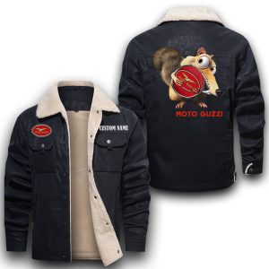 Scrat Squirrel In Ice Age Moto Guzzi Leather Jacket With Velvet Inside, Winter Outer Wear For Men And Women
